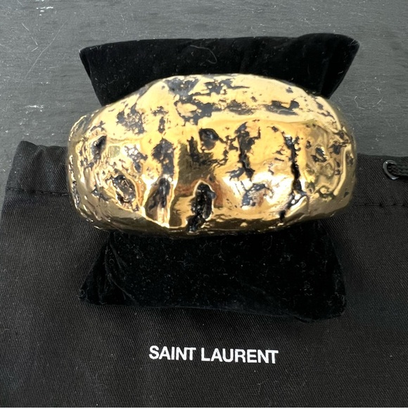 SAINT LAURENT Gold w Black Hammered Finish With Antique Look Cuff Bracelet NWOT - Picture 5 of 16